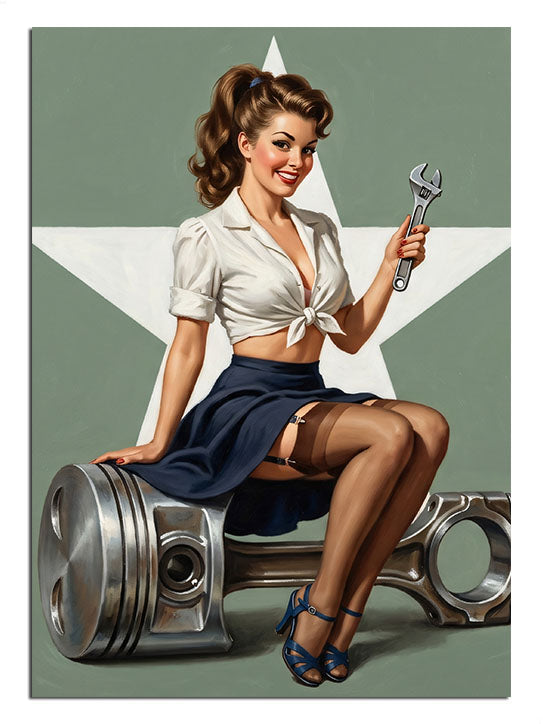 Piston üzerinde anahtar tutan pin-up sarışın tamirci kadın tablosu.
