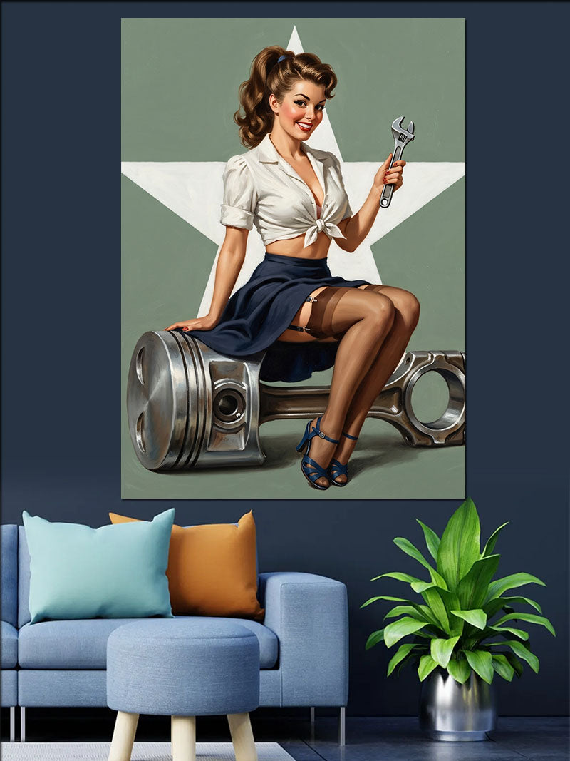 Piston Üzerinde Pin-Up Tamirci Kanvas Tablo