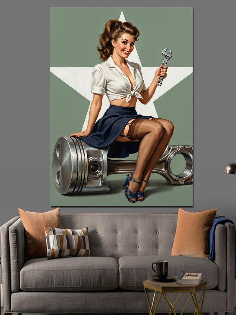 Piston Üzerinde Pin-Up Tamirci Kanvas Tablo