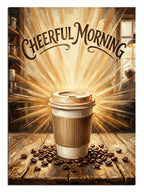 Cheerful Morning yazılı ışıklı kahve kupası ve çekirdekleri tablosu.