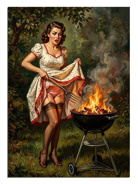 Bahçede mangalda et pişiren pin-up kadın, retro barbekü tablosu.