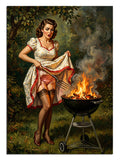 Bahçede mangalda et pişiren pin-up kadın, retro barbekü tablosu.