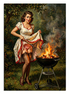Bahçede mangalda et pişiren pin-up kadın, retro barbekü tablosu.