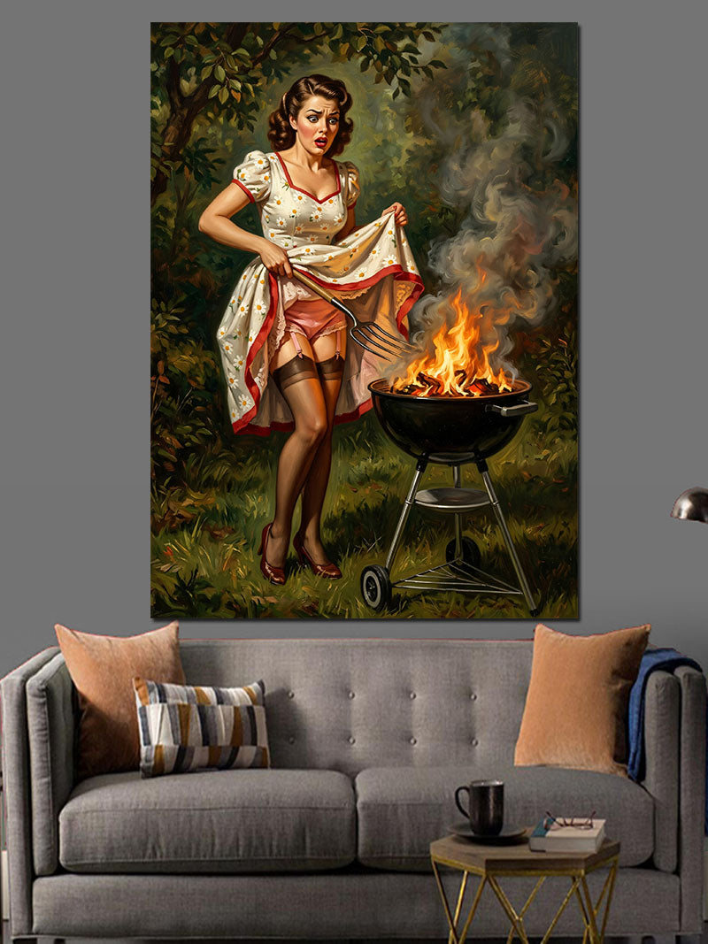 Mangalda Et Pişiren Pin-Up Kanvas Tablo