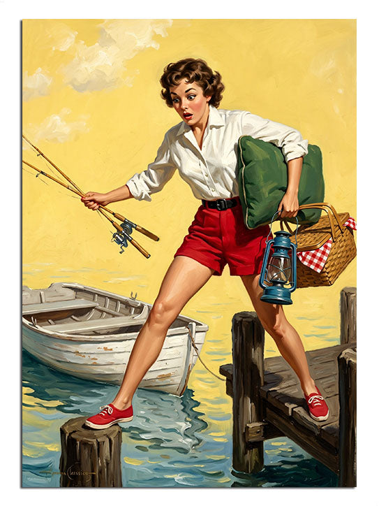 İskelede olta ve piknik sepetiyle balık tutan pin-up kadın tablosu.