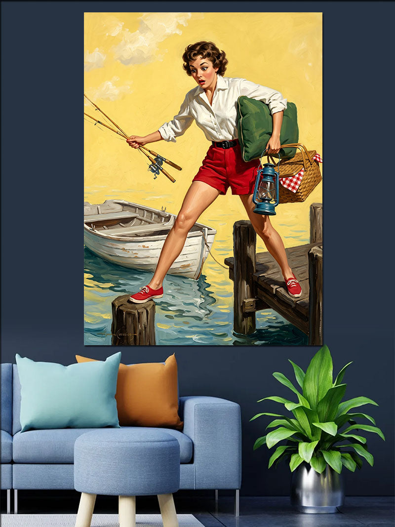 İskelede Balık Tutan Pin-Up Kanvas Tablo