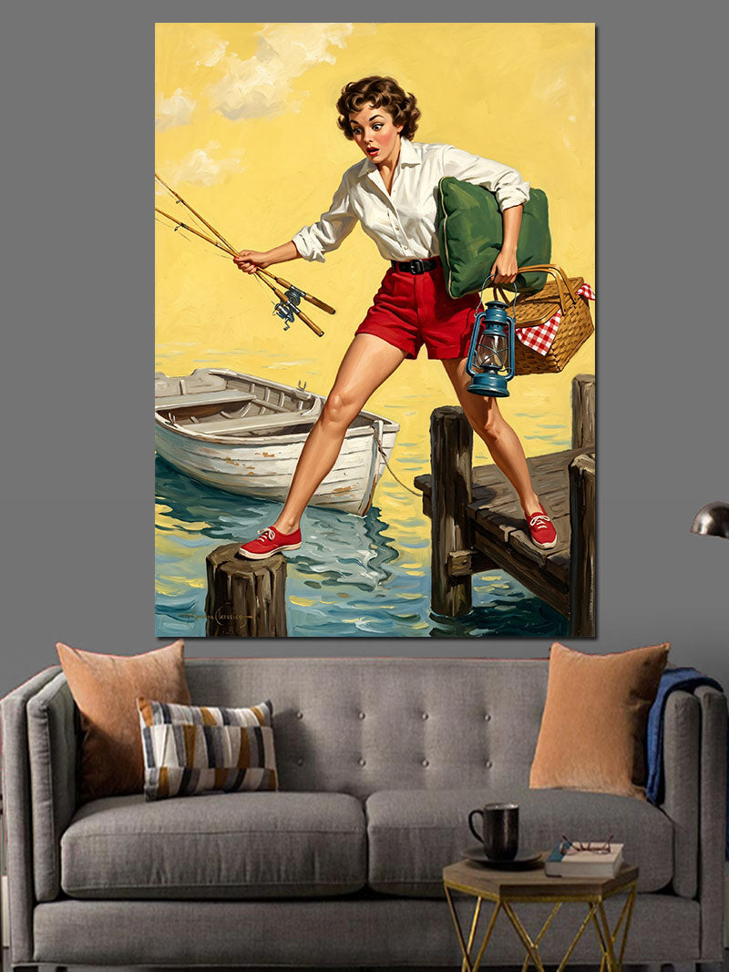 İskelede Balık Tutan Pin-Up Kanvas Tablo