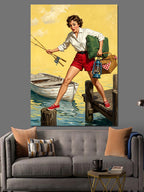 İskelede Balık Tutan Pin-Up Kanvas Tablo