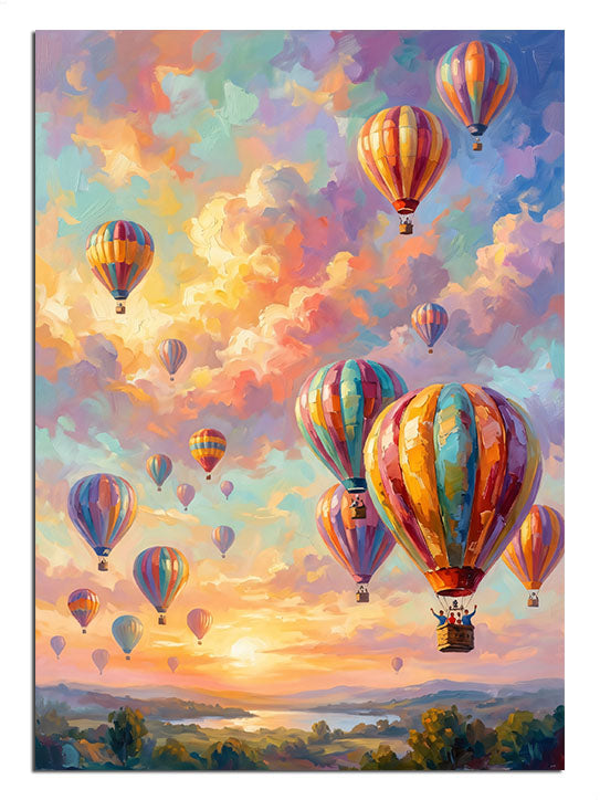 Gün batımında gökyüzünde sıcak hava balonları manzarası tablosu.