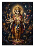 Uzay ve galaksi içinde çok kollu tanrı Vishnu, Hindu mitoloji tablosu.