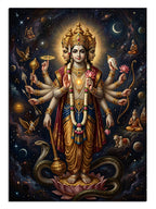 Uzay ve galaksi içinde çok kollu tanrı Vishnu, Hindu mitoloji tablosu.