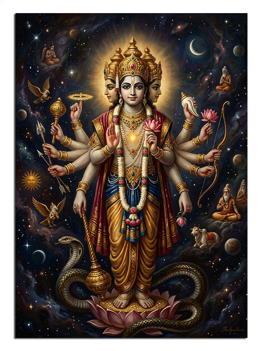 Uzay ve galaksi içinde çok kollu tanrı Vishnu, Hindu mitoloji tablosu.