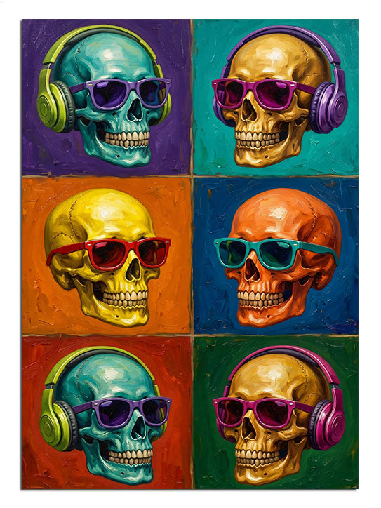 Renkli kulaklıklı ve gözlüklü iskeletler pop-art tablosu.