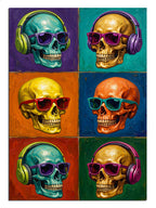 Renkli kulaklıklı ve gözlüklü iskeletler pop-art tablosu.