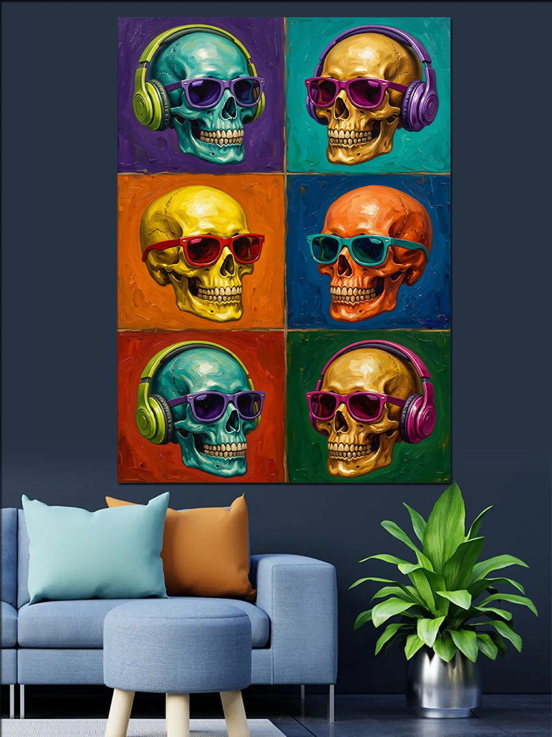 Renkli Kulaklıklı İskelet Pop Art Kanvas Tablo