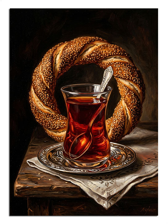 Tabakta simit ve bardakta çay, Türk çay ve simit tablosu.