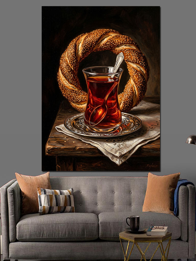 Simit ve Çay Türk Kahvaltısı Kanvas Tablo