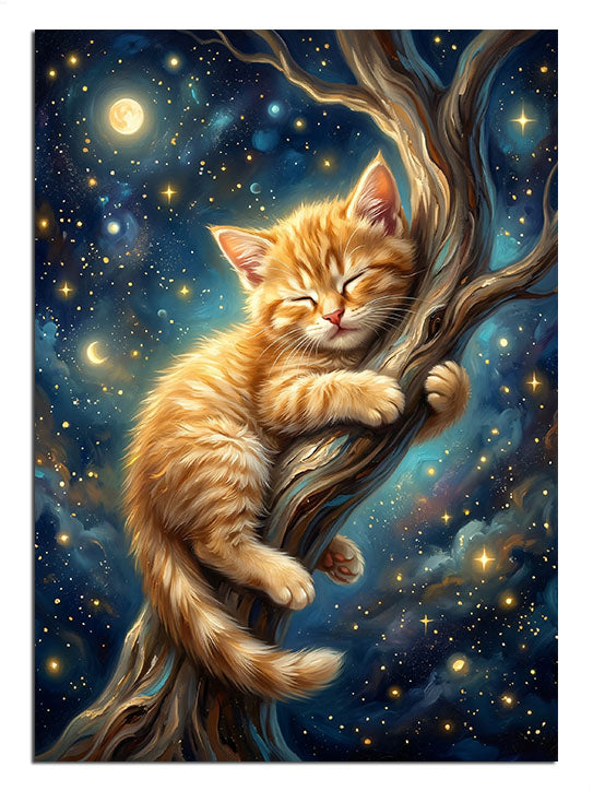 Yıldızlı gecede ağaç dalında uyuyan turuncu kedi tablosu.