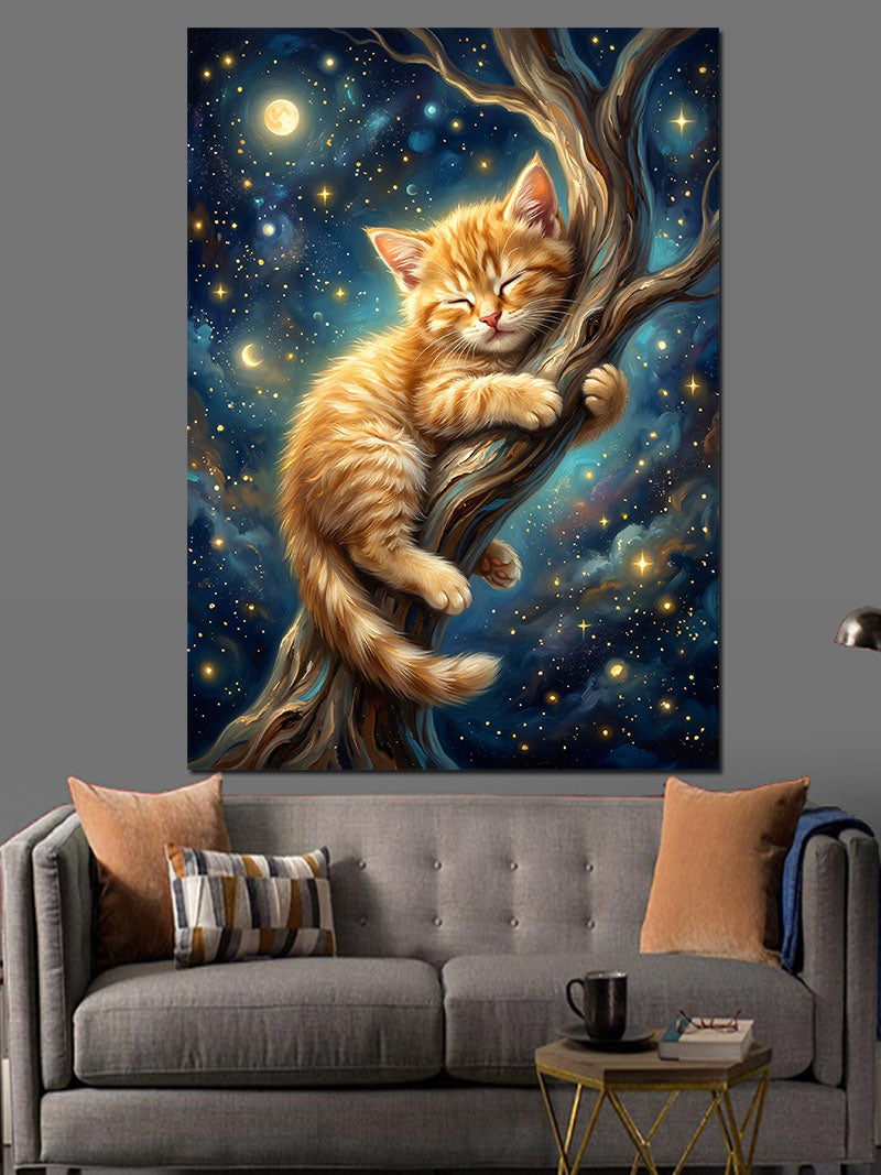 Ağaçta Uyuyan Turuncu Kedi Kanvas Tablo