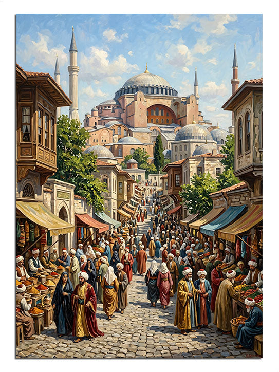Ayasofya önünde kalabalık Osmanlı sokağı ve çarşı manzarası tablosu.