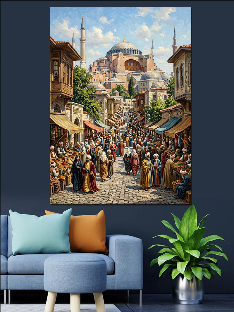 Ayasofya Önünde Osmanlı Kalabalık Sokak Kanvas Tablo