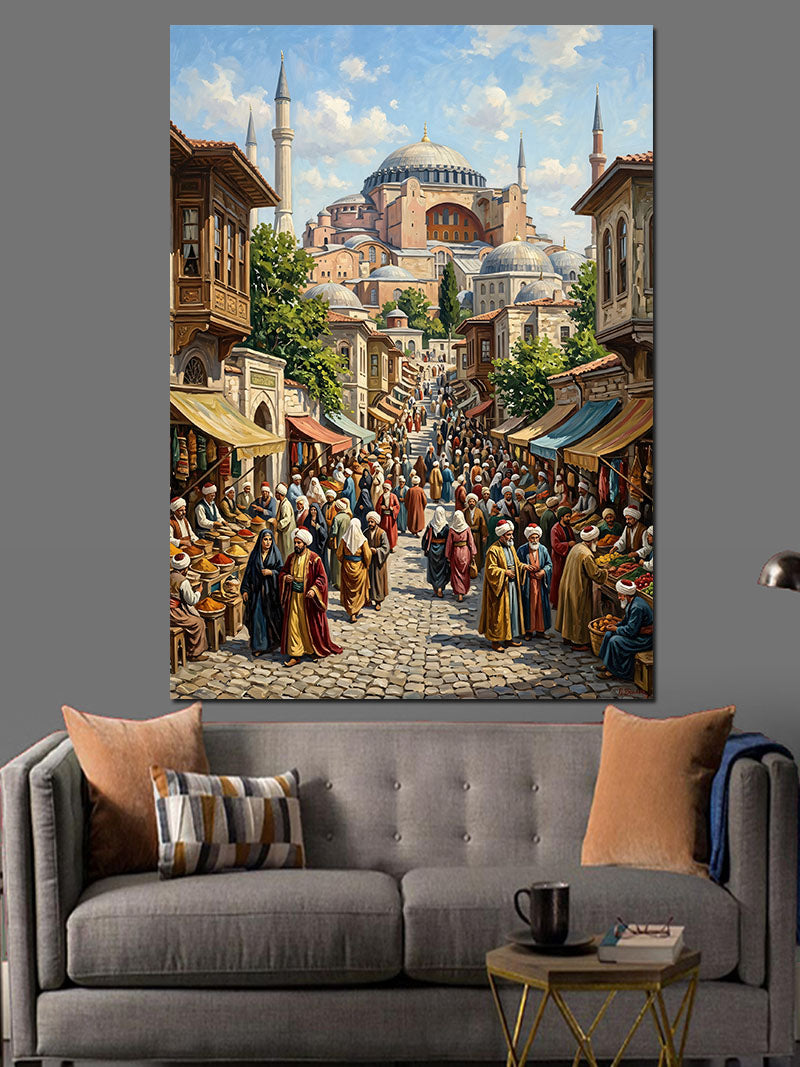Ayasofya Önünde Osmanlı Kalabalık Sokak Kanvas Tablo