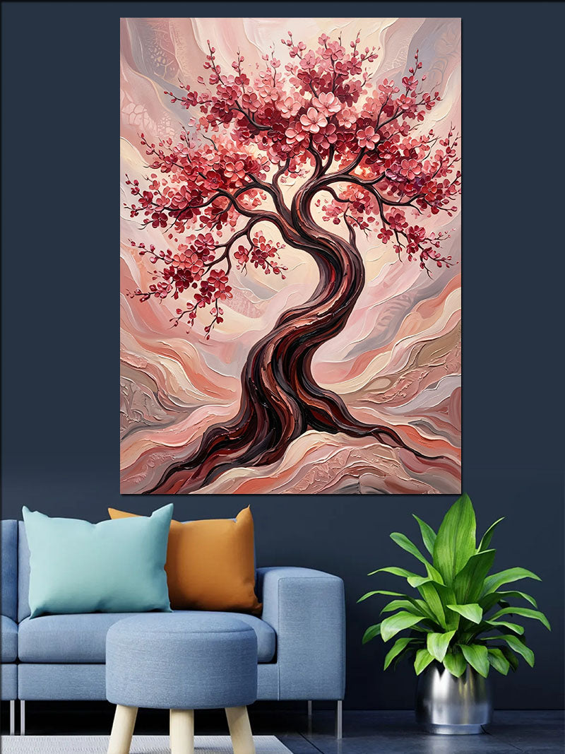 Pembe Sakura Ağacı Kıvrımlı Kanvas Tablo
