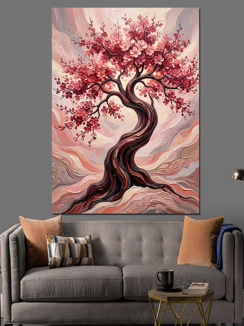 Pembe Sakura Ağacı Kıvrımlı Kanvas Tablo