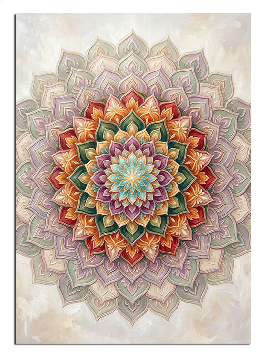 Bej fonda renkli çakra mandala deseni, spiritüel ve huzur tablosu.