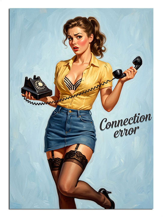 Connection Error yazılı telefon tutan sarı bluzlu pin-up kadın tablosu.