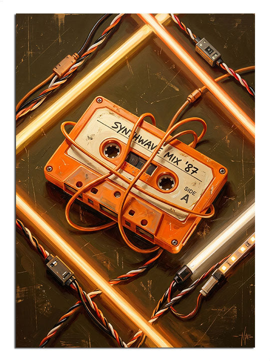 Neon ışıklı turuncu kaset çalar, retro müzik ve kaset tablosu.