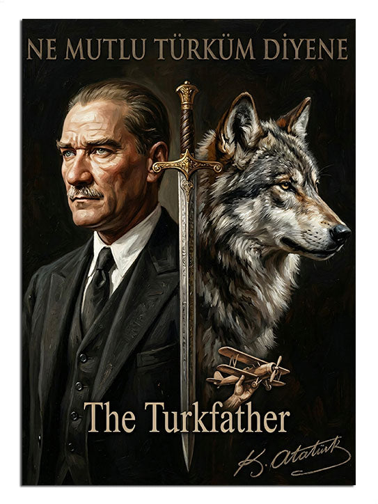 Kılıç tutan ve kurtlu Atatürk portresi, The Turkfather tablosu.