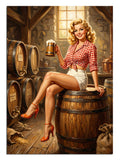 Bira fıçısında bira tutan kırmızı beyaz pin-up kadın tablosu.