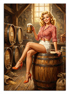 Bira fıçısında bira tutan kırmızı beyaz pin-up kadın tablosu.