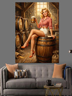 Fıçıda Bira ve Pin-Up Kadın Kanvas Tablo