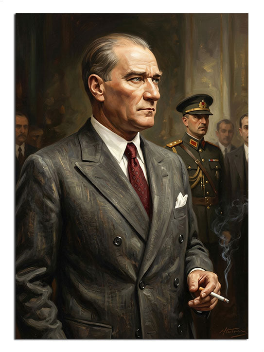Sigara içen takım elbiseli ve ciddi Atatürk portresi tablosu.