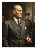 Sigara içen takım elbiseli ve ciddi Atatürk portresi tablosu.