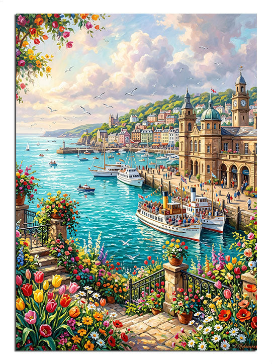 Çiçekli balkonlu sahil kasabası ve tekne manzarası tablosu.