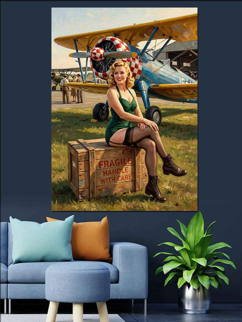 Uçak Kasası ve Pin-Up Sarışın Kanvas Tablo
