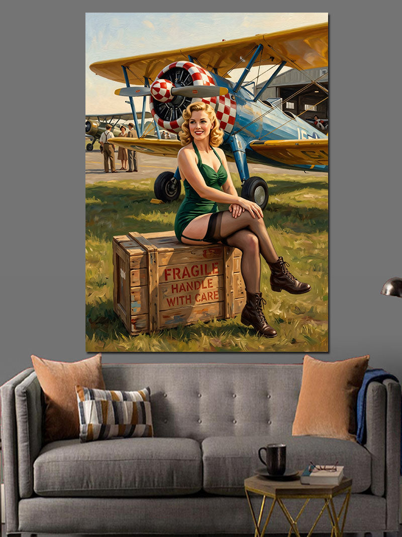 Uçak Kasası ve Pin-Up Sarışın Kanvas Tablo