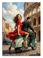 Kolezyum önünde Vespa'da kırmızı elbiseli çift, Roma tatil tablosu.