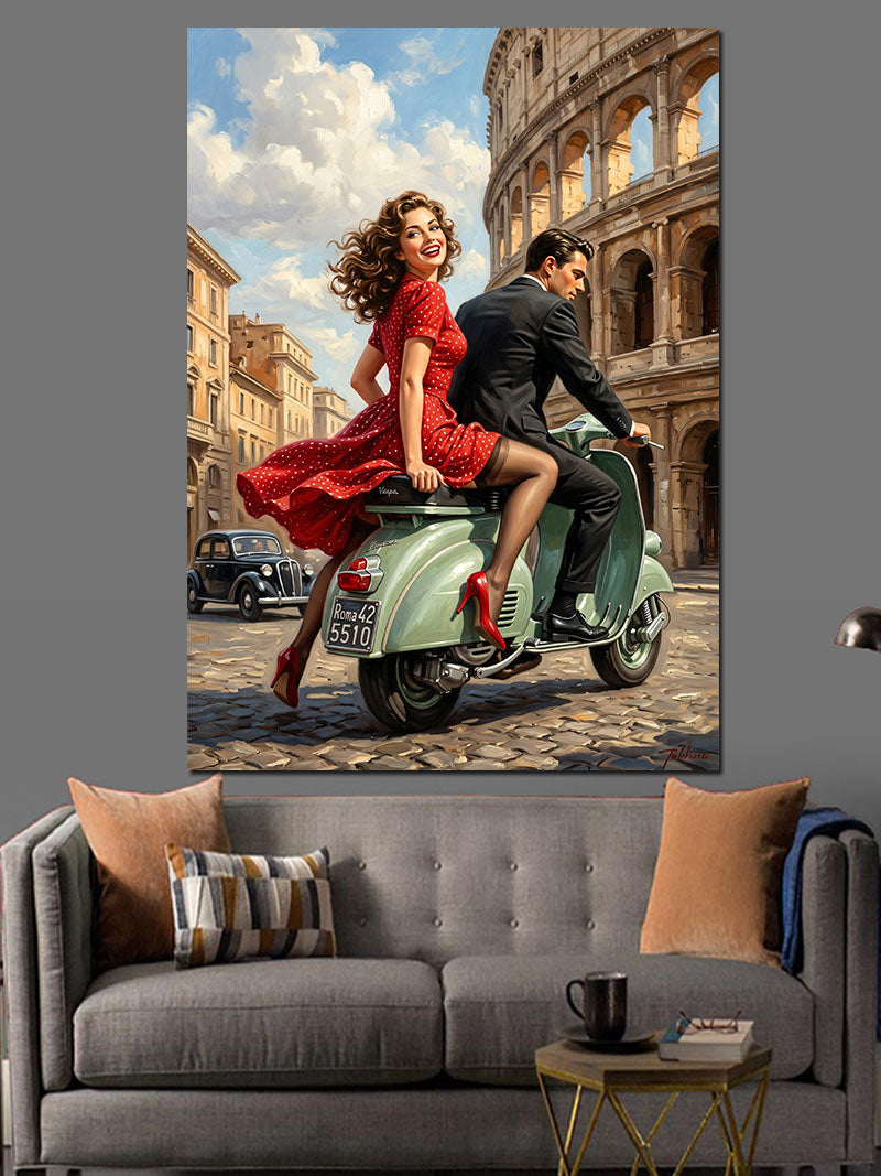 Vespa ve Kolezyum Önünde Çift Kanvas Tablo
