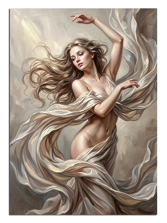 Beyaz tüller içinde dans eden kadın, zarif ve mistik dans tablosu.