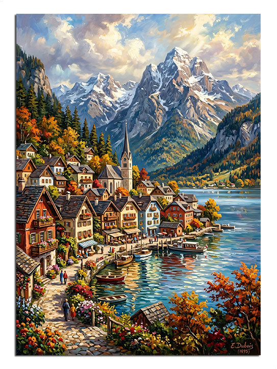 Göl kenarında dağ ve renkli evli köy manzarası, Hallstatt tablosu.