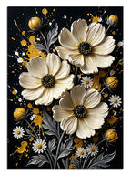 Siyah ve altın fonda beyaz papatya buketi, lüks çiçek tablosu.