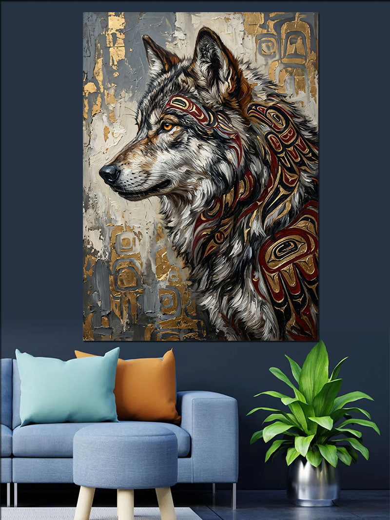 Tribal Desenli Kurt Portresi Kanvas Tablo