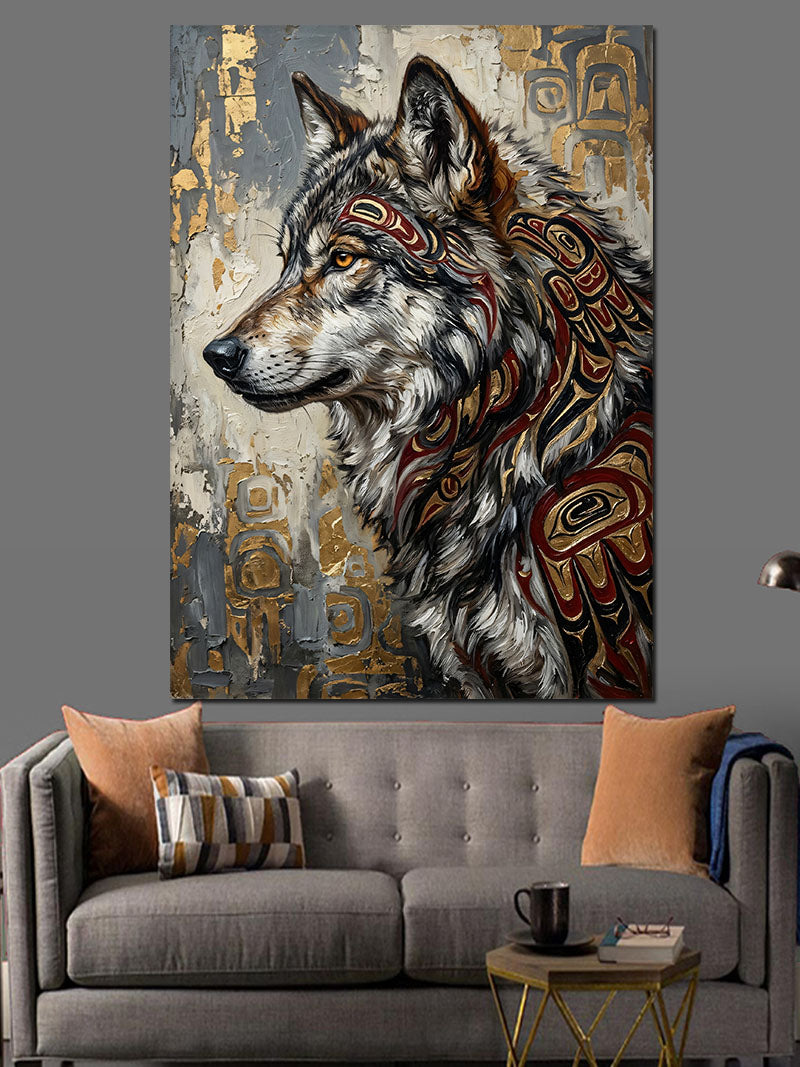 Tribal Desenli Kurt Portresi Kanvas Tablo