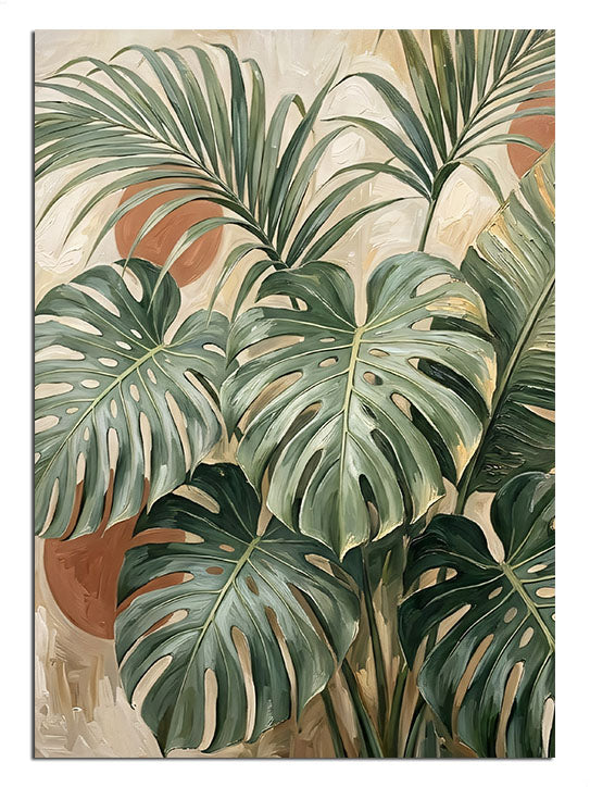Bej fonda yeşil monstera yaprakları deseni, tropikal bitki tablosu.