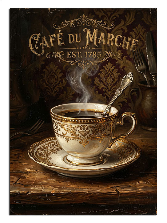 Cafe du Marche yazılı dumanı tüten kahve fincanı tablosu.