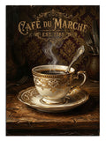 Cafe du Marche yazılı dumanı tüten kahve fincanı tablosu.